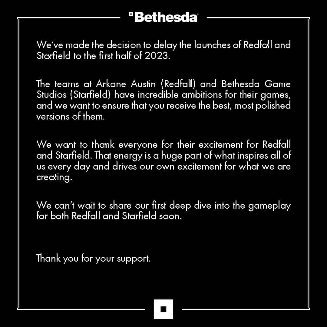 Starfield Redfall Bethesda Delay 2023 Delayed