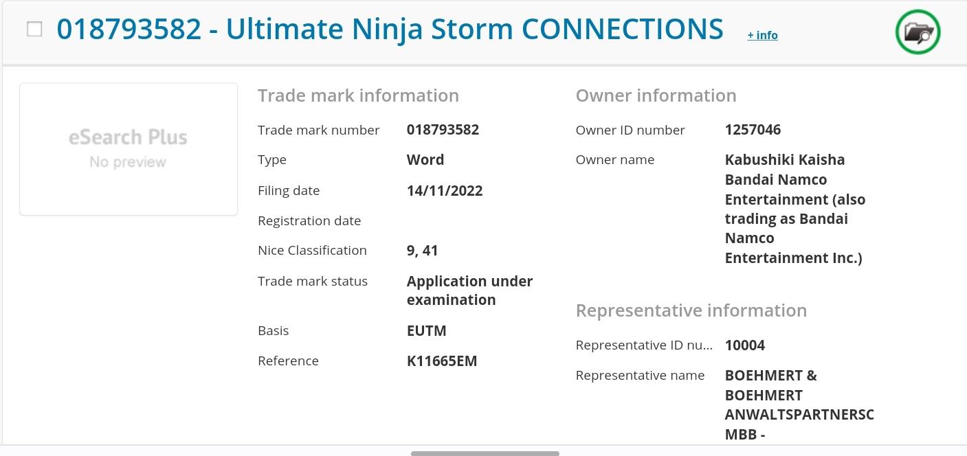 Naruto Ultimate Ninja Storm Connections Trademark Bandai Namco
